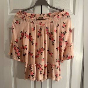 Democracy Top 3/4 Length Bell Sleeves Embroidered Floral Salmon Shades XS